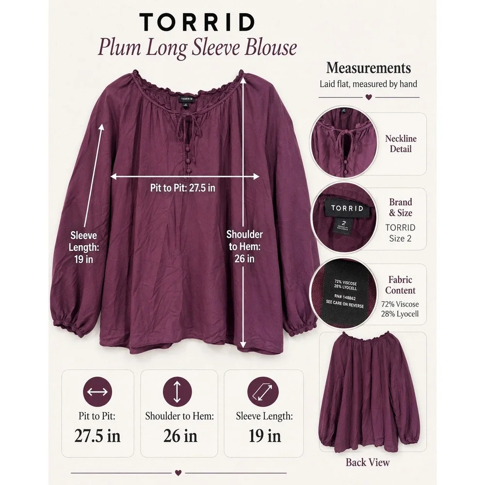 Torrid Women's Size 2 2X Plum Boho Peasant Blouse Tie Neck Bishop Sleeve